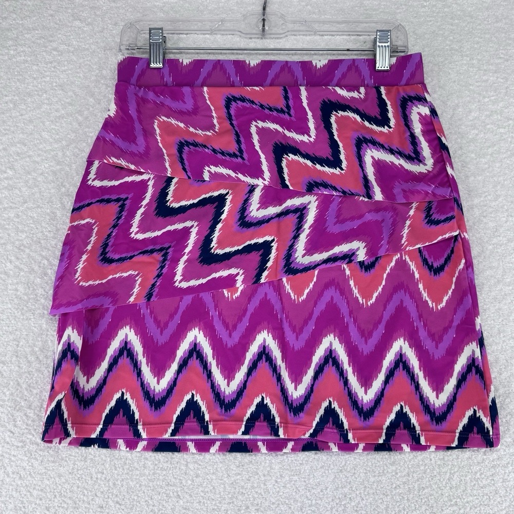 Susan Graver Soleil Tiered Cover Up Swim Skirt 8 Regular Fuchsia Pink Chevron